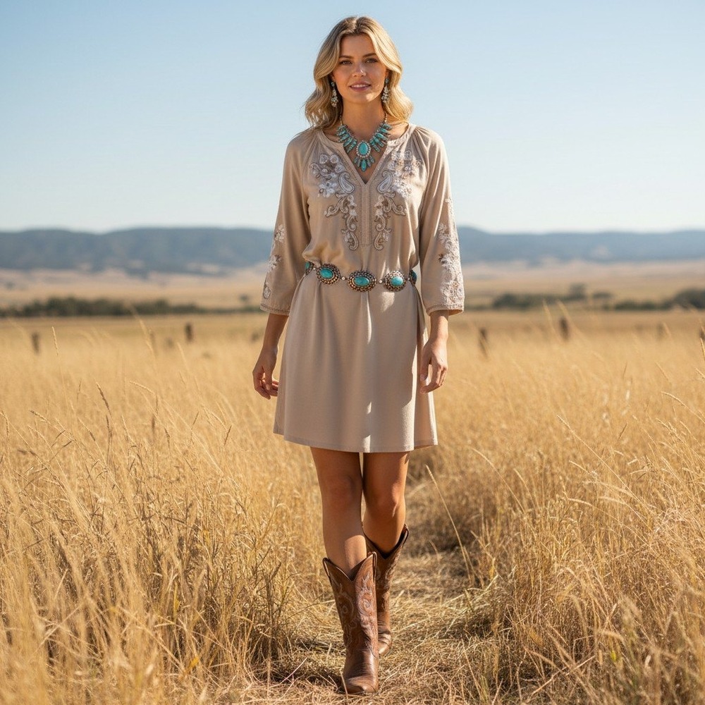 Banana Republic Petite S Embroidered‎ Boho Tunic Dress Tan Beige Paisley V-Neck